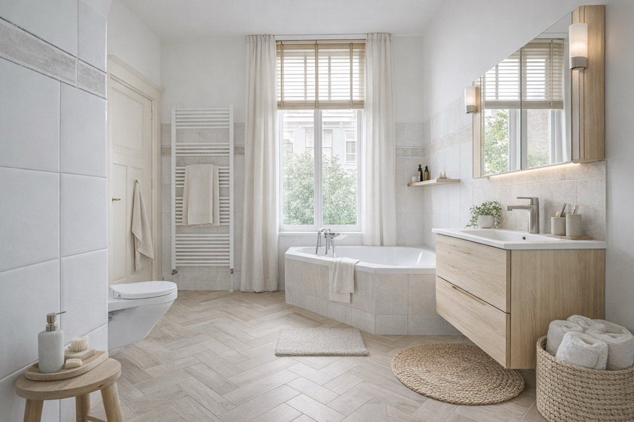 Woningfotografie Den Haag voor makelaars met lichte badkamer en ruimtelijke uitstraling